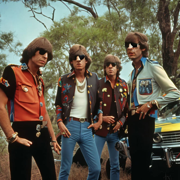 Four men in flamboyant 70s attire pose by vintage car