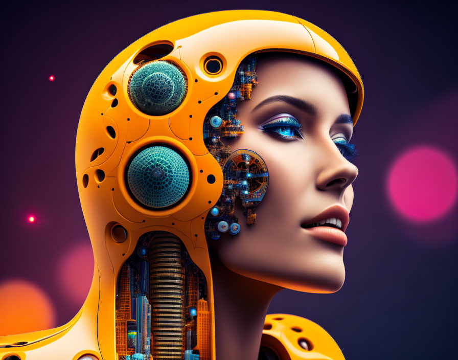 Futuristic female android with detailed mechanical neck and vibrant colors