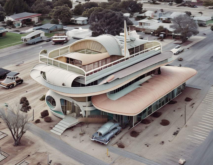 Curved lines and pastel colors of a retro-futuristic building with vintage cars in a quiet