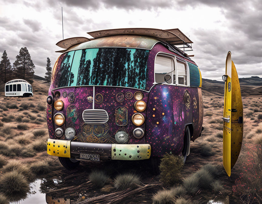 Colorful Hippie-Style Van with Cosmic and Floral Designs in Grass Field