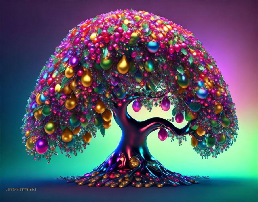 Colorful Stylized Tree with Orbs on Gradient Background