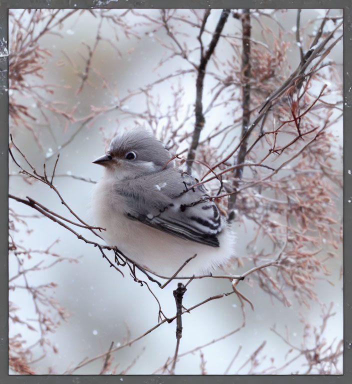 Fluffy bird on bare branch with snowflakes and frosted plants