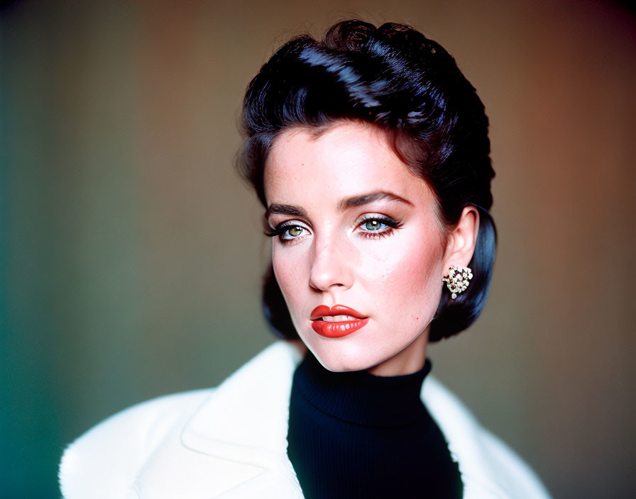 Dark-haired woman in white jacket and red lipstick against blurred backdrop