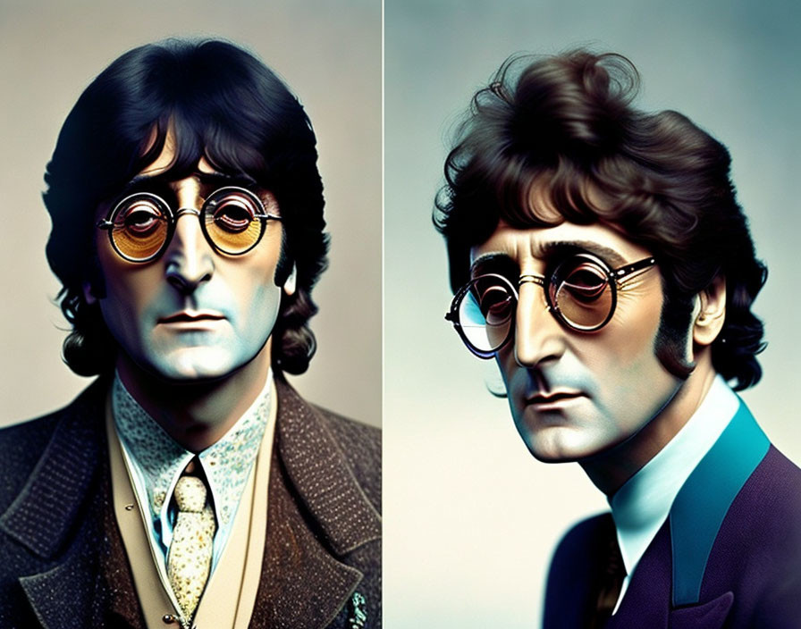 Stylized digital portraits of a man with round glasses on blue and orange backgrounds