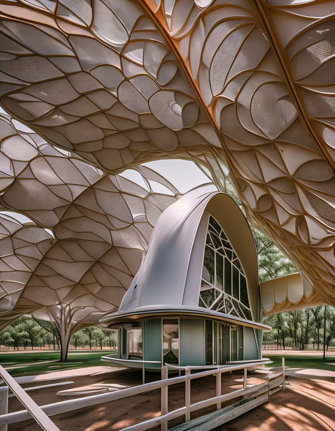 Modern building with white leaf-like canopy, curved roof, and large glass windows, set among trees.