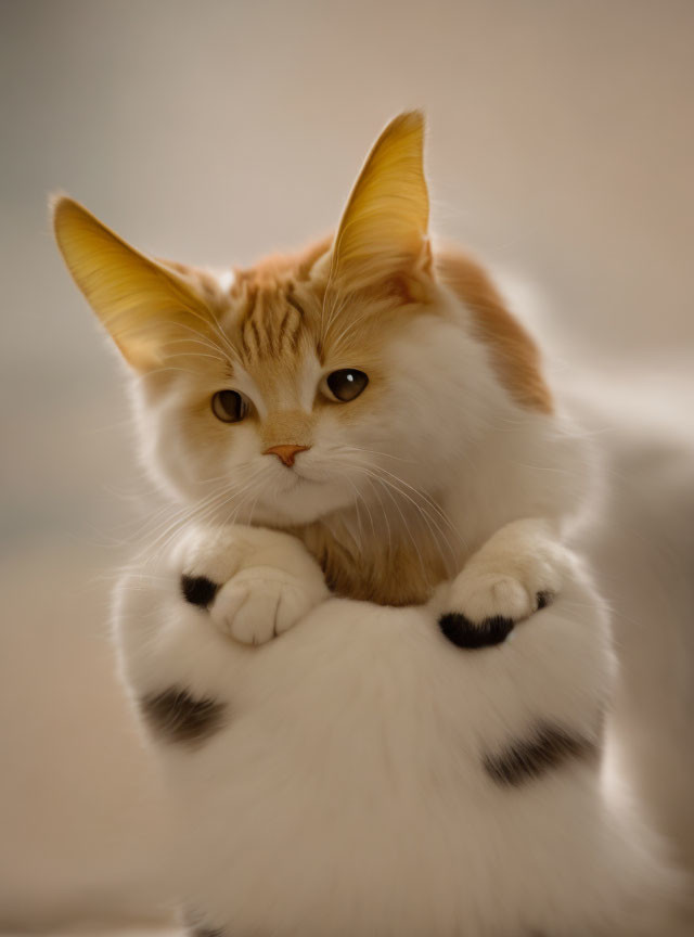 Fluffy orange and white cat with large ears and piercing eyes resting.