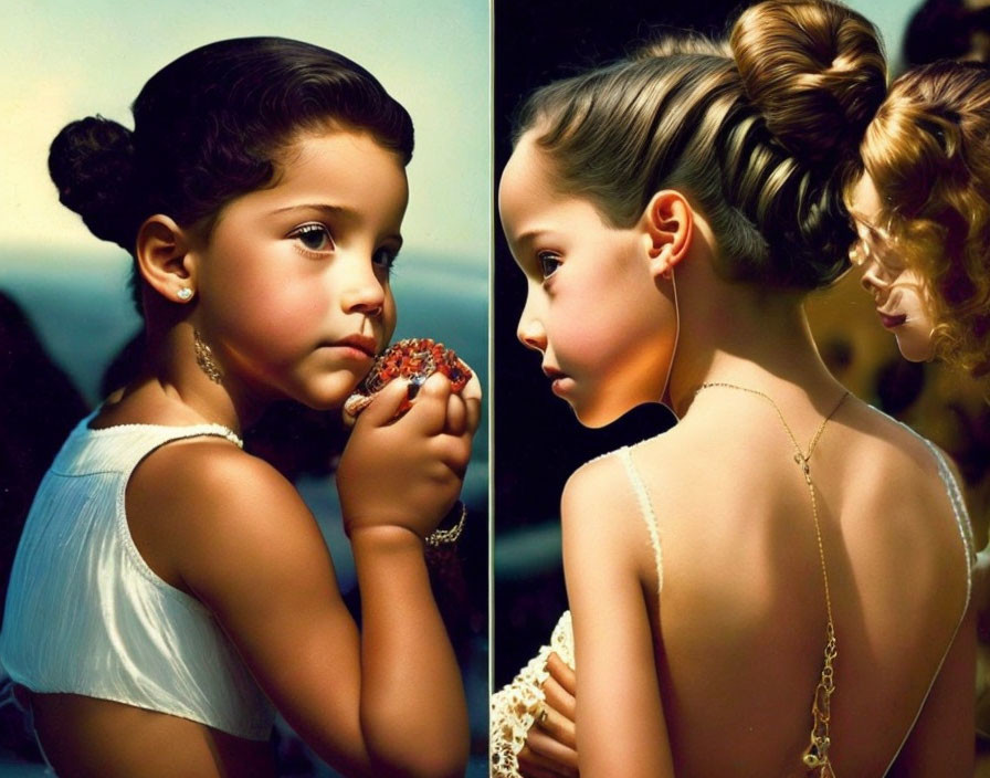 Profile of two young girls with pomegranate, elegant buns, and necklaces