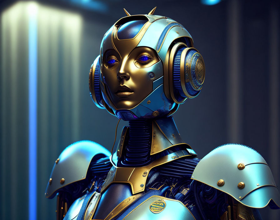 Detailed Female-Styled Android in Blue Armor with Golden Highlights