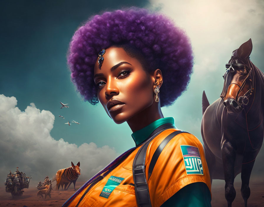 Digital artwork: Woman with purple afro hair in futuristic orange attire with horse and riders in stormy