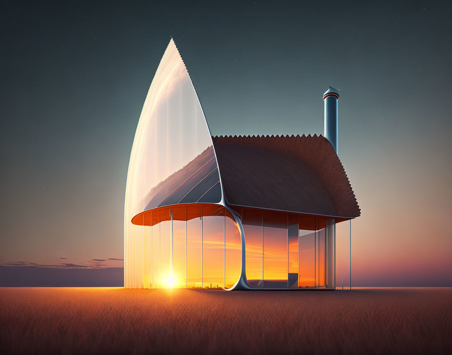 Modern house with large glass front, thatched roof, and chimney in desert sunset.