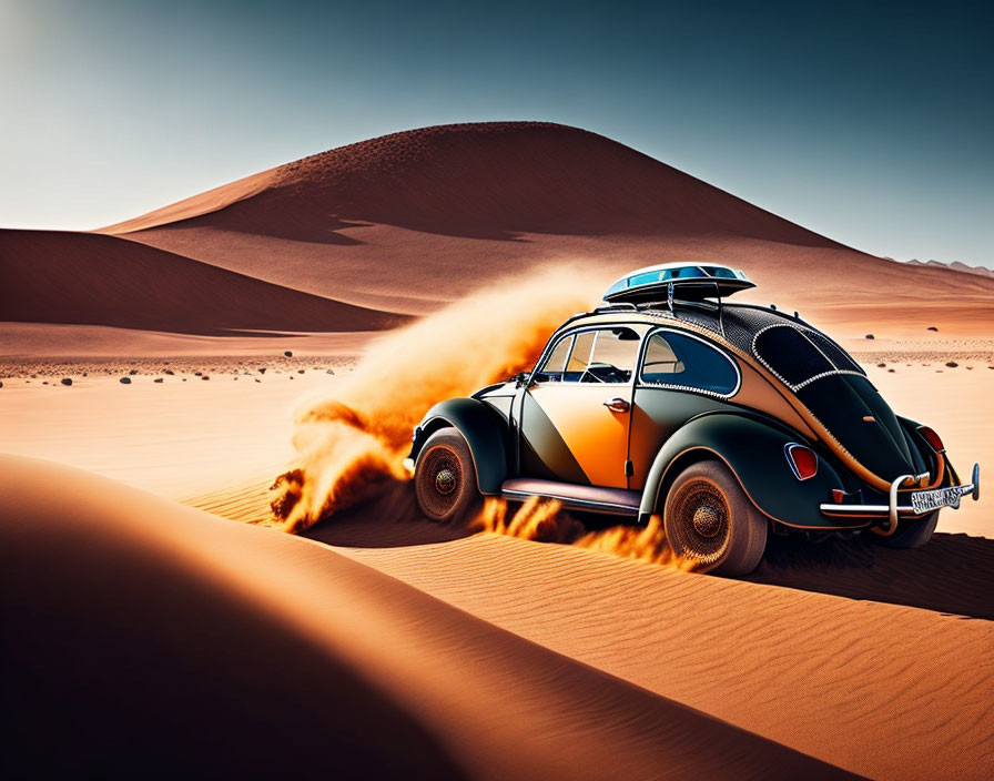 Vintage Car Racing Through Desert Dune Under Blue Sky