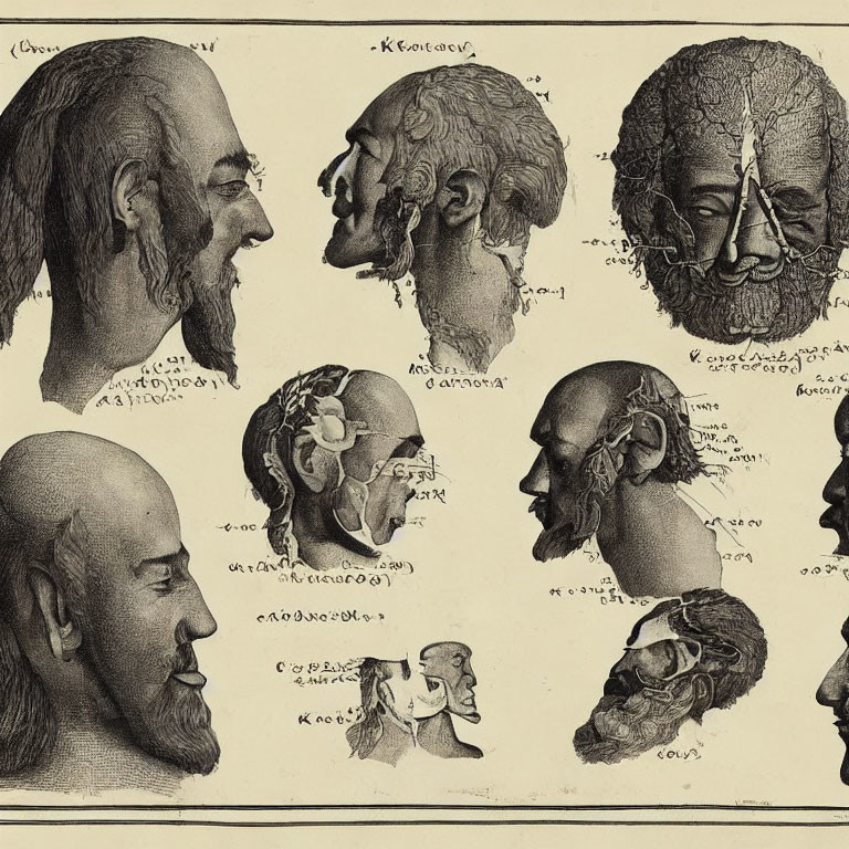 Detailed Vintage Illustration of Human Head Profiles with Annotations