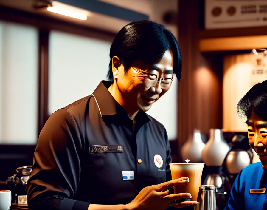 Smiling person in dark uniform with name tag interacting with person in blue uniform in warmly lit cafe