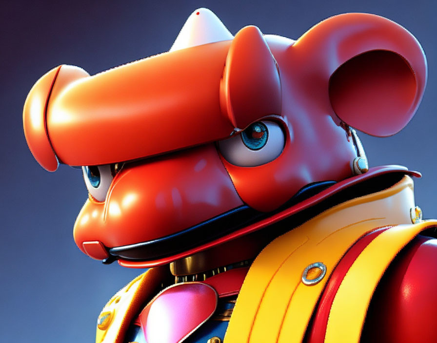 Stylized anthropomorphic rat character in red and orange futuristic suit