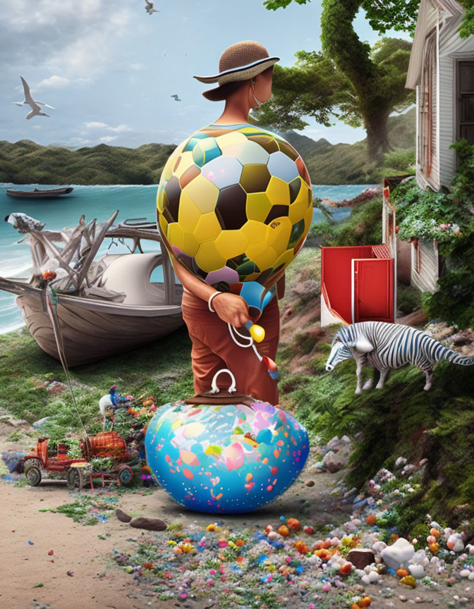 Surreal image: person with globe head, soccer ball, candy, zebra, shipw