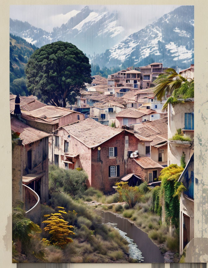 Scenic village with terracotta roofs in lush valley and snowy mountains