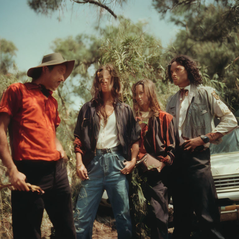 Group of Four People in Retro Style by Car in Wooded Area