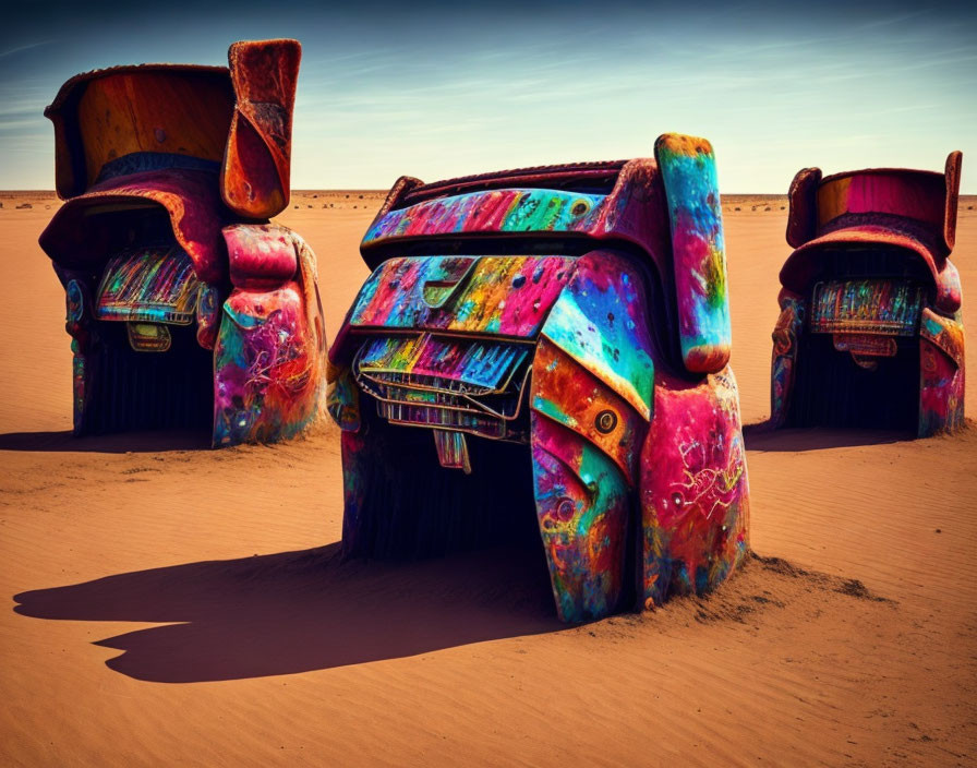 Vibrantly painted car parts buried in desert sand landscape