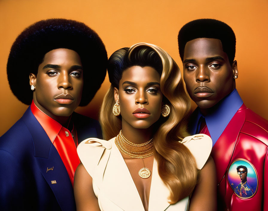 Colorful Suits and Cream Outfit Afros Against Orange Backdrop