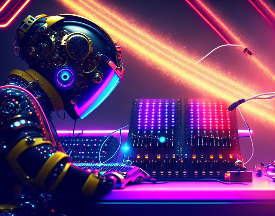 Futuristic astronaut DJ mixes tracks with neon-lit console & laser beams