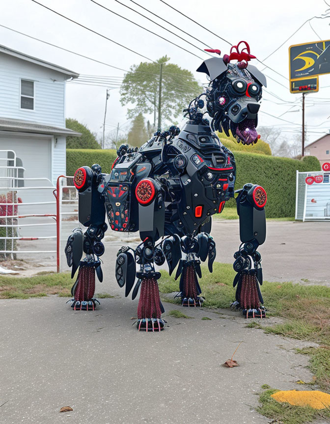 Intricate digital artwork of whimsical mechanical creature on suburban road