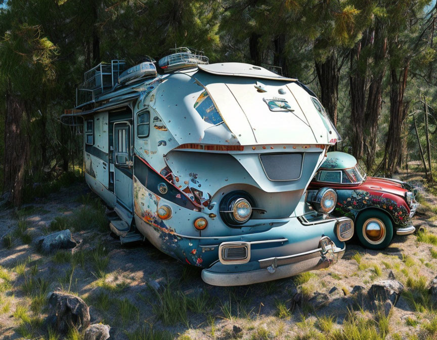 Colorful Retro-Futuristic RV and Classic Car in Forest Setting