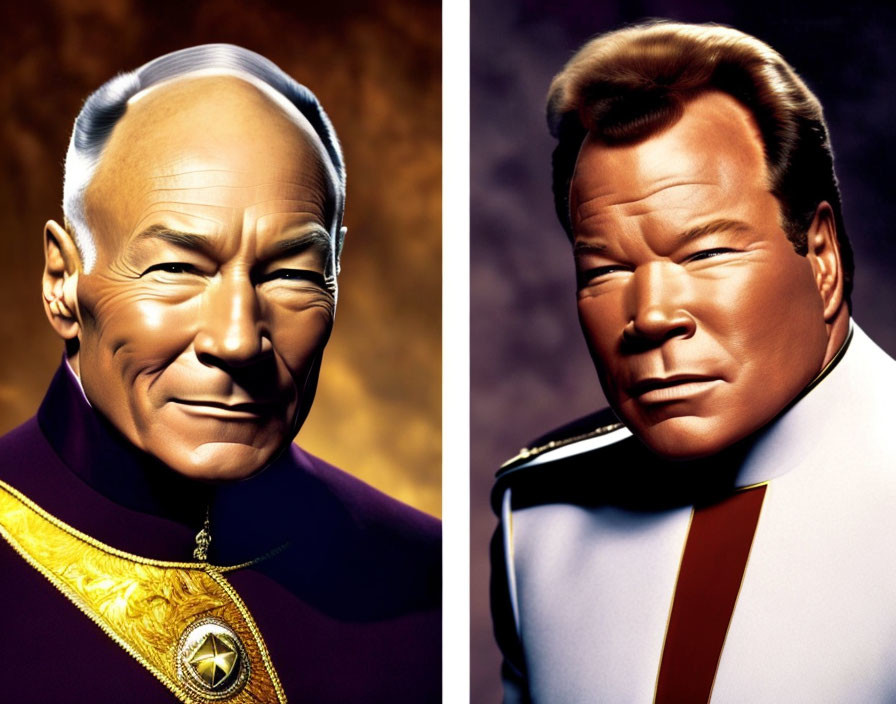 Iconic Star Trek captains in uniform: one bald, one with toupee