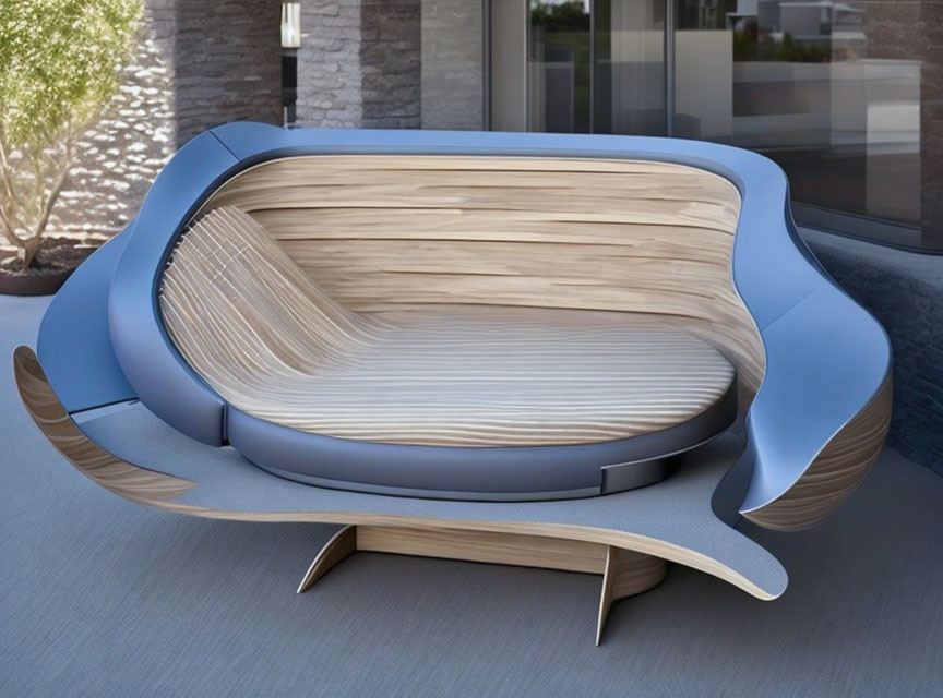 Blue and Wooden Curved Sofa on Outdoor Patio