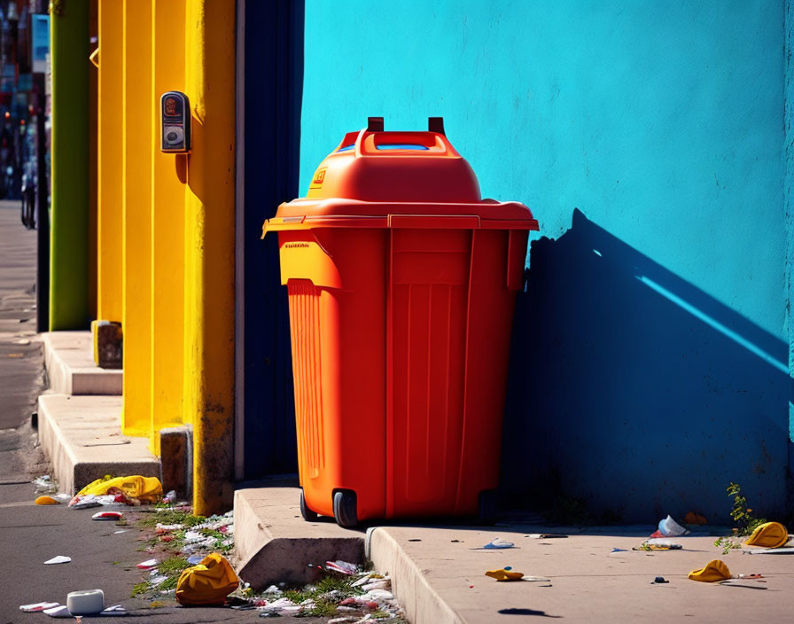 Bright Orange Trash Bin on Street with Rubbish and Fallen Leaves