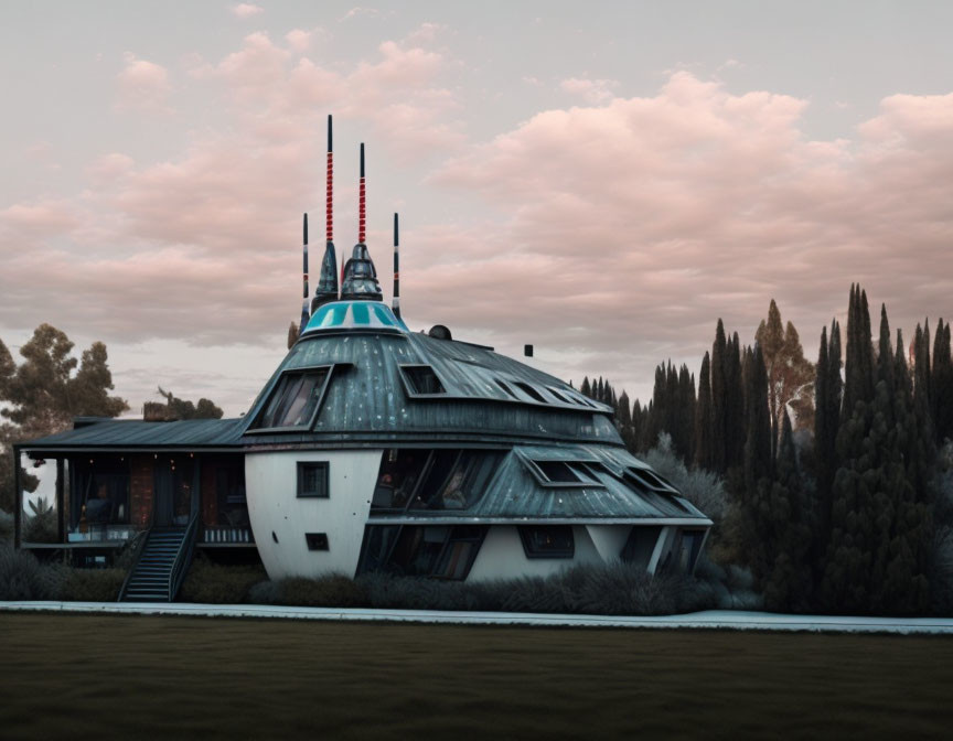 Futuristic dome-shaped building with metallic roof and spires against dusky sky in tree-filled landscape