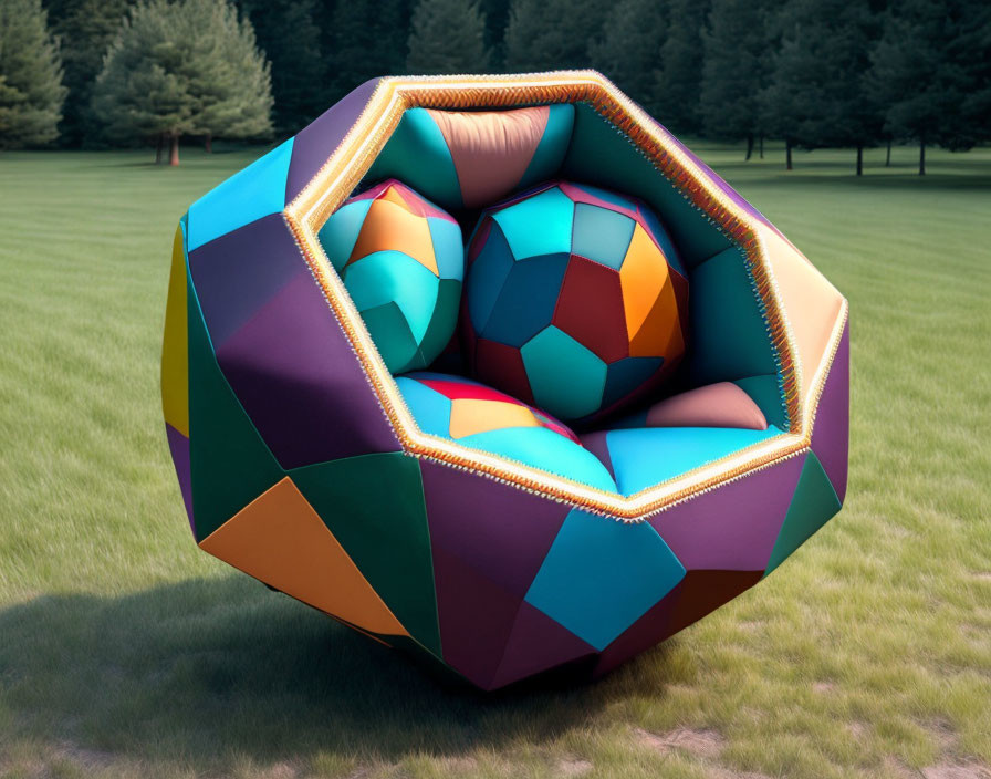 Colorful geometric 3D abstract flower on grassy field with trees