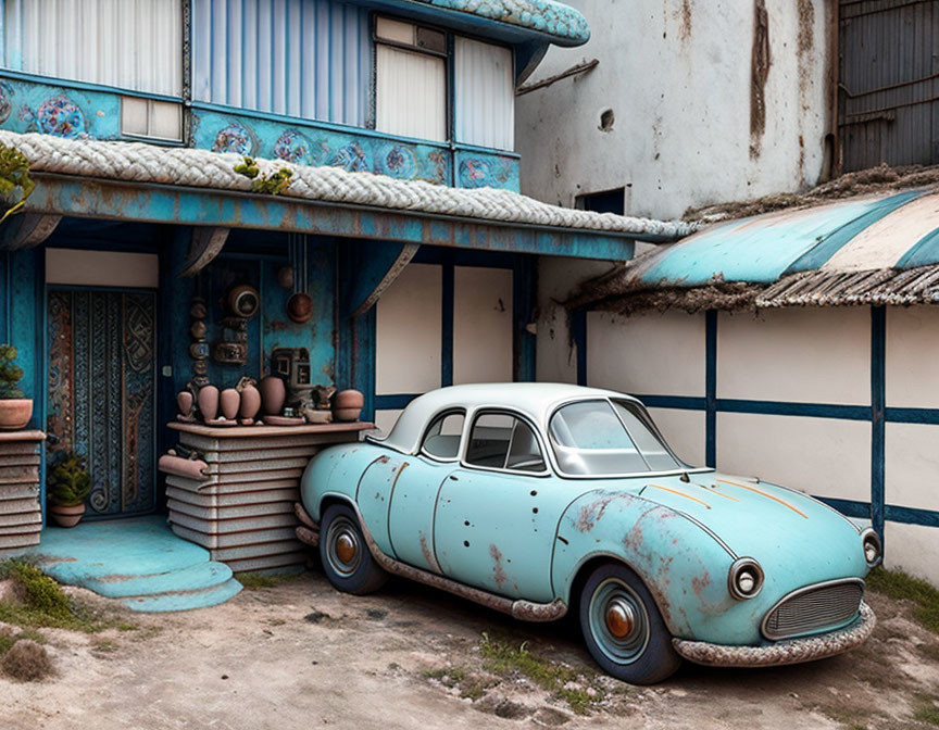 Vintage Blue Car Parked in Front of Blue House with Pottery and Floral Designs