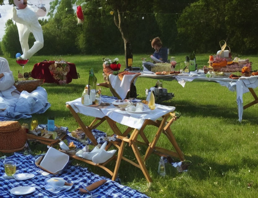 Picnic scene with food-covered tables, people in white attire, sunny park setting