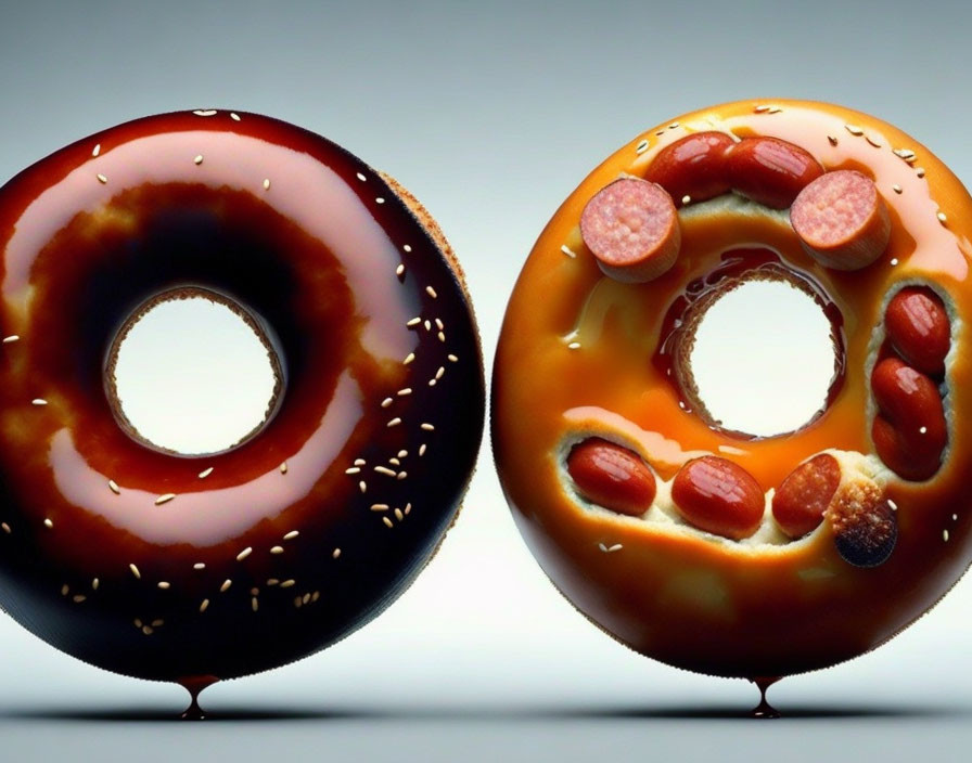 Realistic doughnut-shaped balloons with savory toppings: sesame-covered and meat lovers.