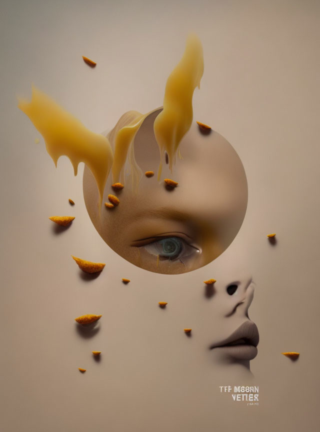 Surreal artwork: Fragmented face with melting gold elements, green eye, beige background