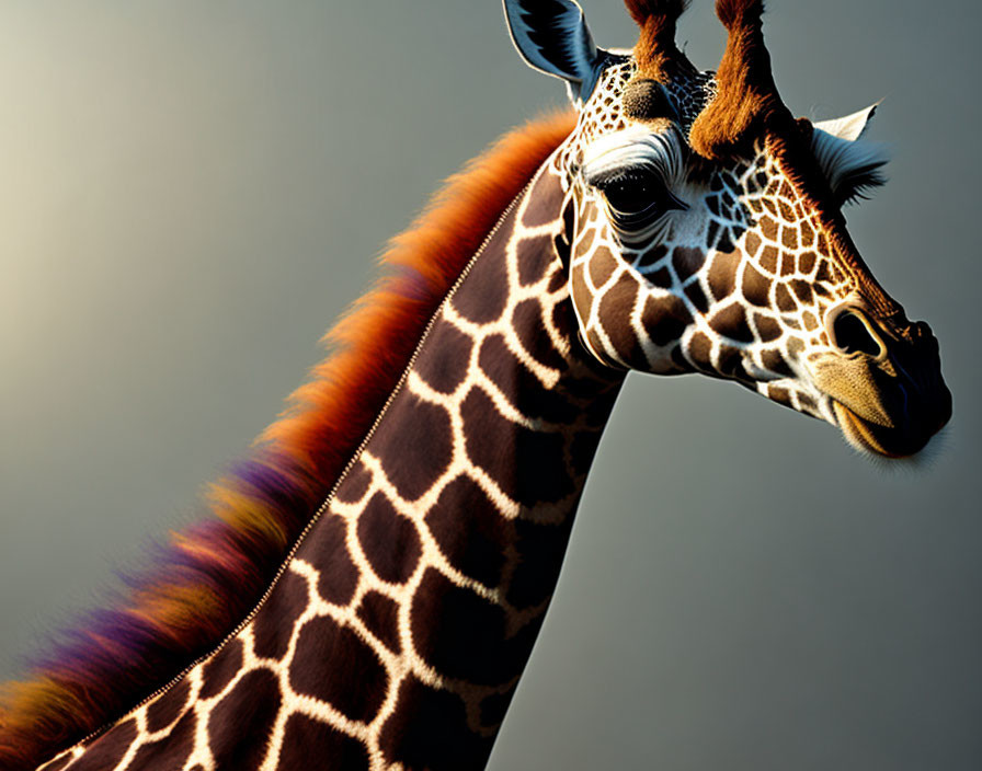 Giraffe with Rainbow Gradient Mane on Gray Background