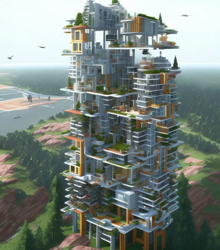 Multi-tiered skyscraper with greenery in forest setting and flying vehicles.