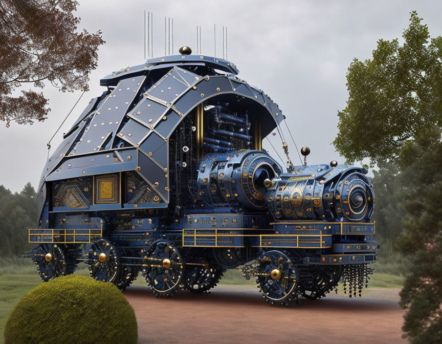 Fantastical ornate steam engine in serene landscape