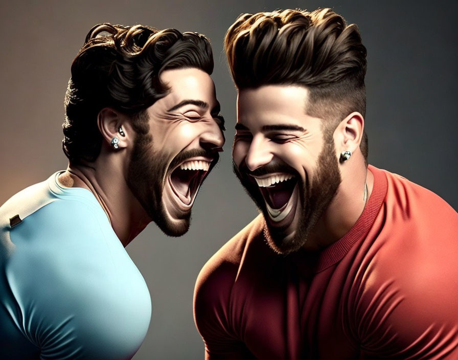 Stylized characters with facial hair and trendy hairstyles laughing in blue and red shirts