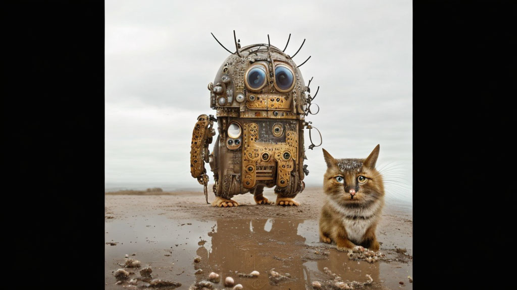 Whimsical robot with dials and buttons next to cat on muddy ground