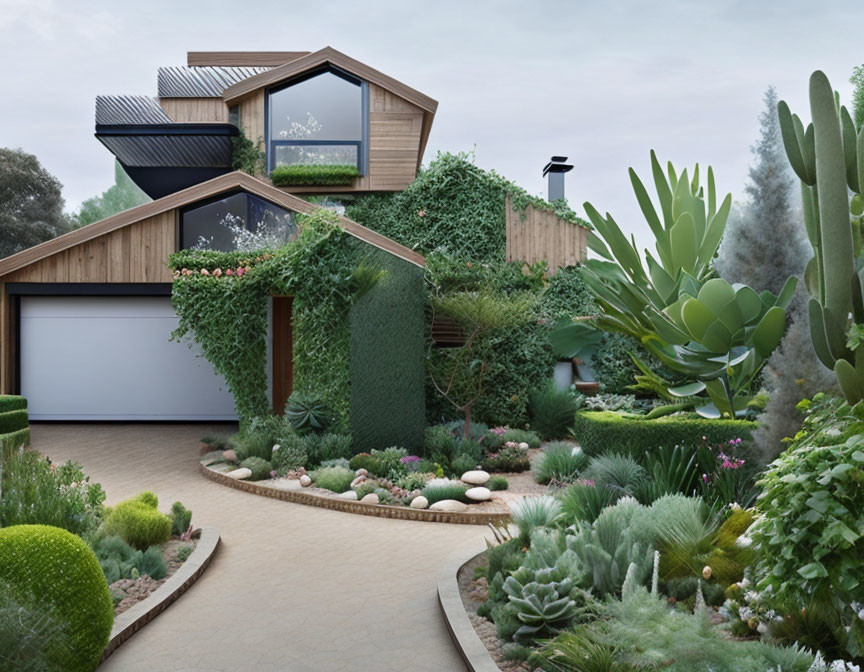 Geometric Modern House with Lush Garden & Paved Driveway