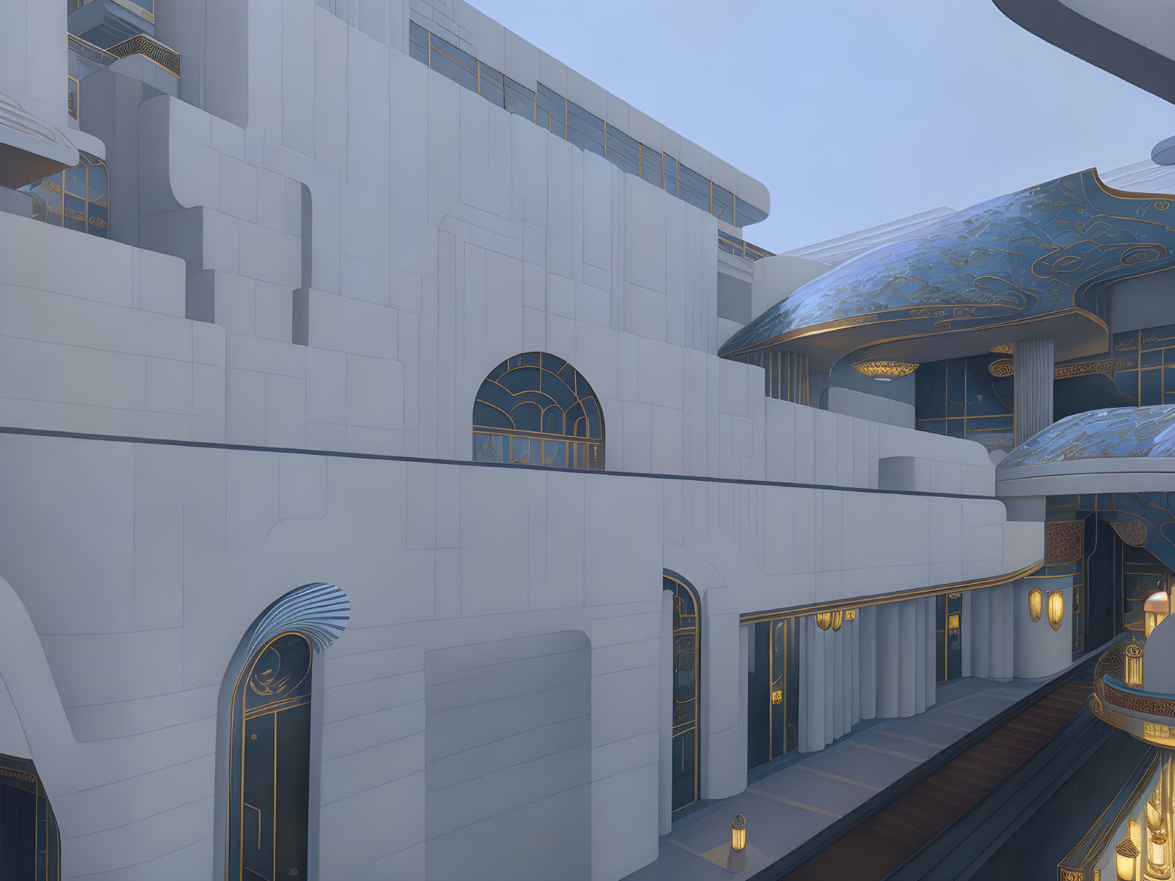 Curved blue roofs and golden designs on futuristic architecture with white walls and arched windows.