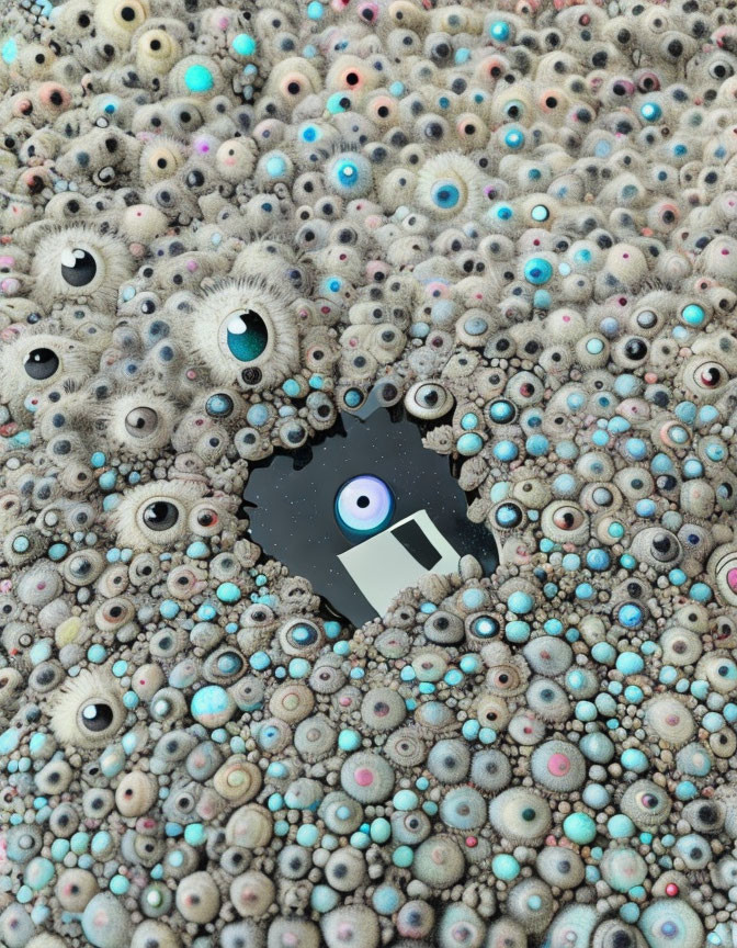 Surreal composition featuring numerous eyes of various sizes and colors around a central void.