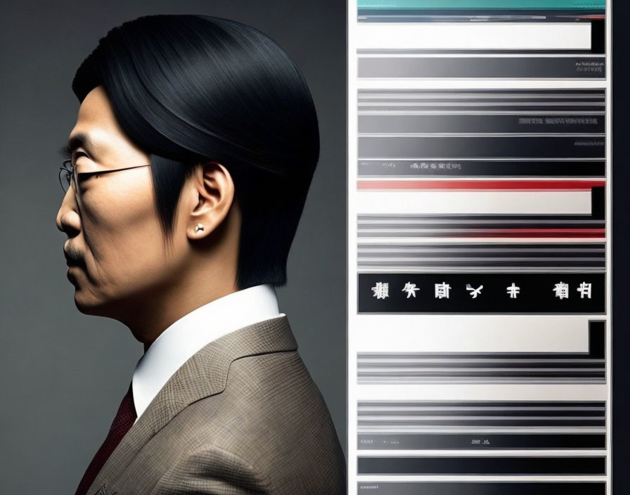 Man with elongated head and unique hairstyle in suit beside blurred Asian text.