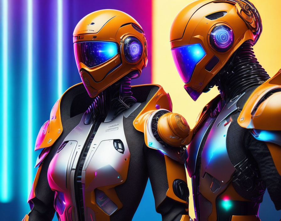 Futuristic orange and white robots on blue and purple background