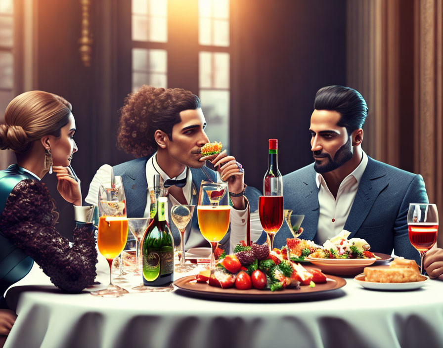 Elegant dinner scene with three people enjoying wine and conversation