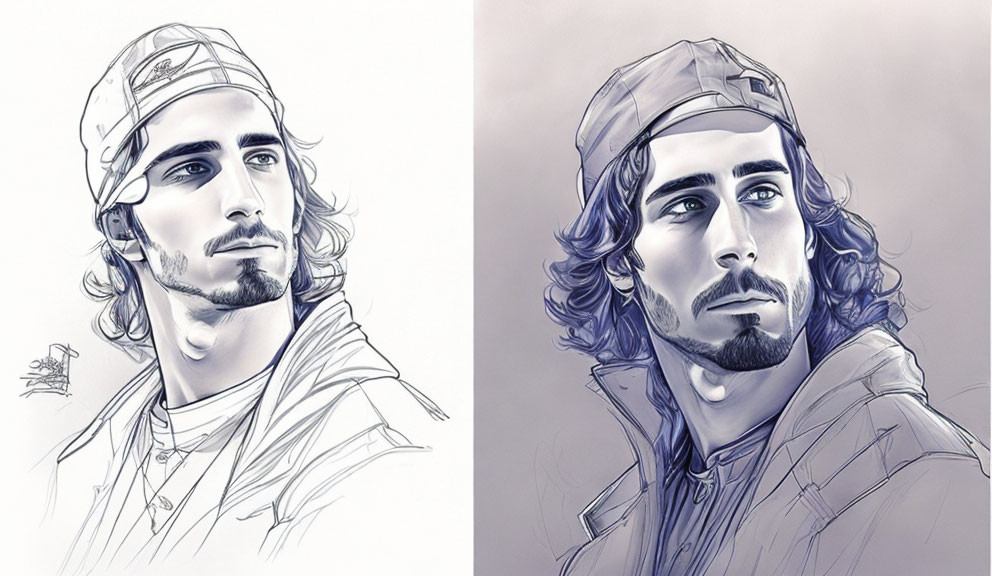 Young man with curly hair in baseball cap: Pencil sketch vs. colored digital art