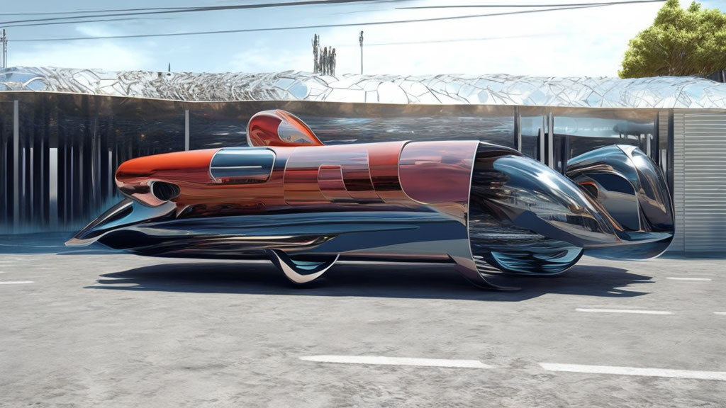 Sleek Red and Silver Single-Seat Vehicle Outside Modern Building