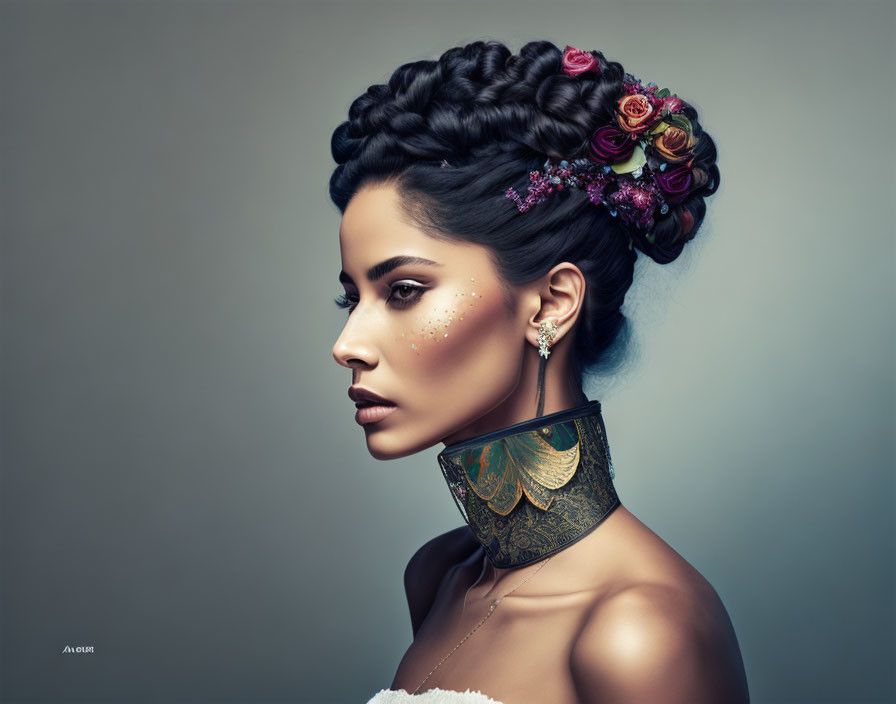 Intricate braid with floral adornments and decorative freckles on a woman against neutral background