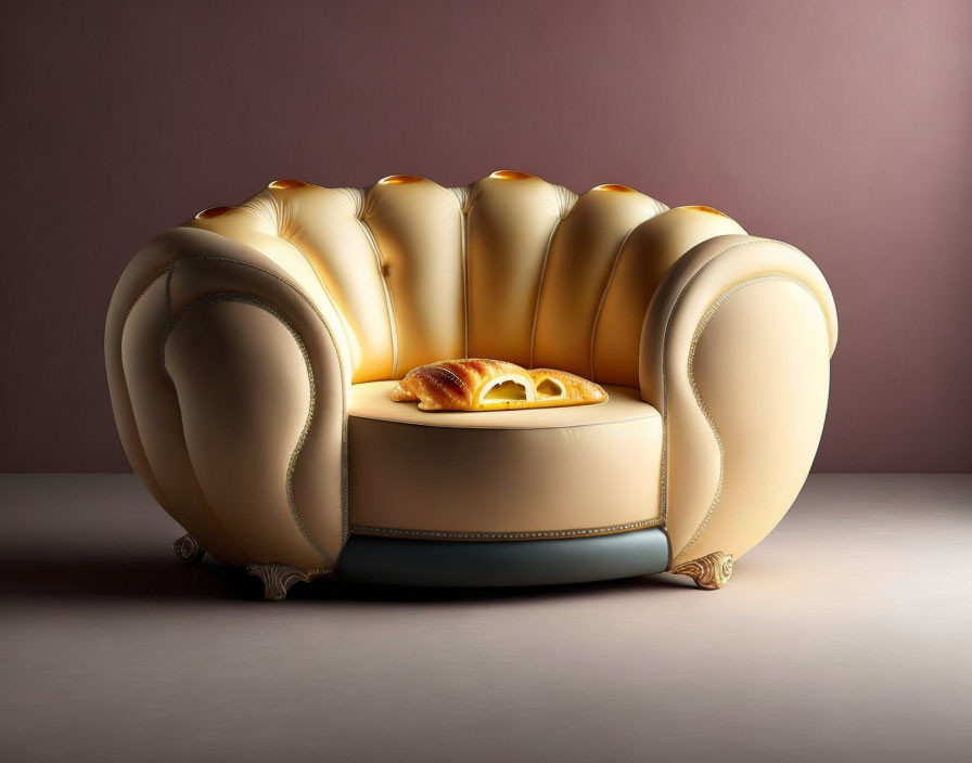 Beige Shell-Shaped Sofa with Plush Velvet Texture and Croissant Design Cushion